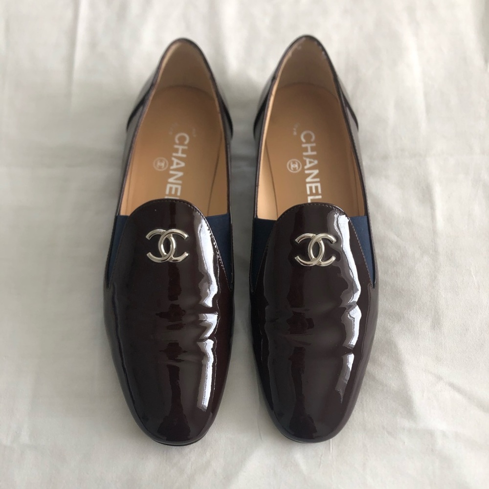 Chanel Patent Leather Brown & Blue Flats Shoes